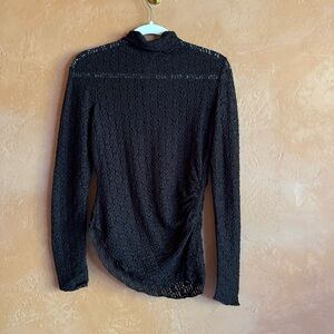 Anthropologie Textured Lace Mock Neck Top Dark Brown Ruched Side Long Sleeve S